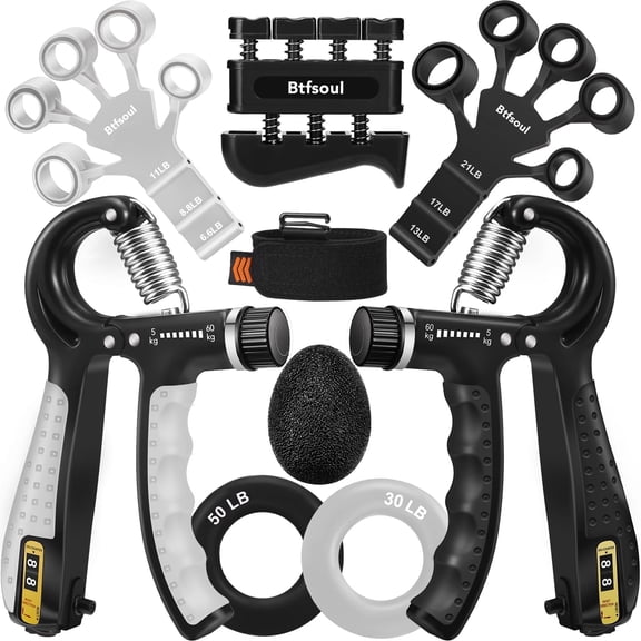 8 in 1 Grip Strength Trainer Kit, Adjustable Hand Gripper, Finger Exerciser, Forearm Ring, Finger Stretcher & Stress Ball for Hand Therapy Wrist Forearm Strength Workout