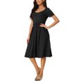 thumbnail image 4 of INSPIRE CHIC Women's Casual Knit Dress with Pockets Scoop Neck Short Sleeve Ruched Midi A-Line Dress Black S, 4 of 5