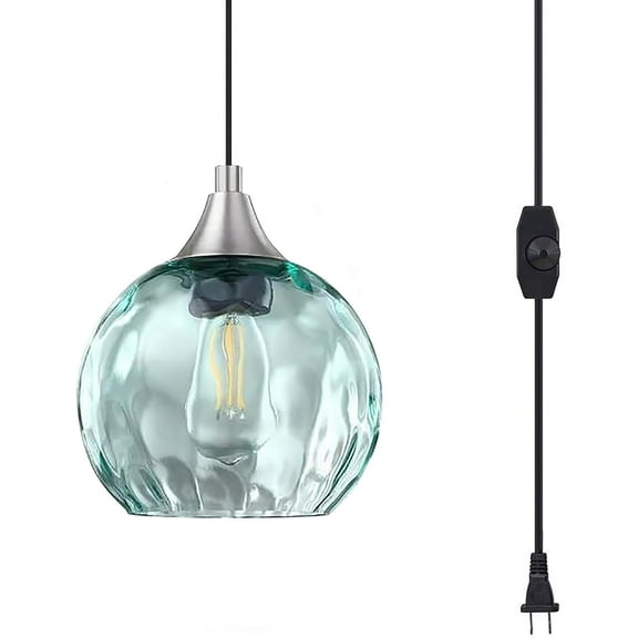 Kiven Plug in Pendant Light, Farmhouse Hanging Light Fixture with Green Glass Globe, E26 Socket Dimmable Pendant Light for Bedroom Hallway Kitchen