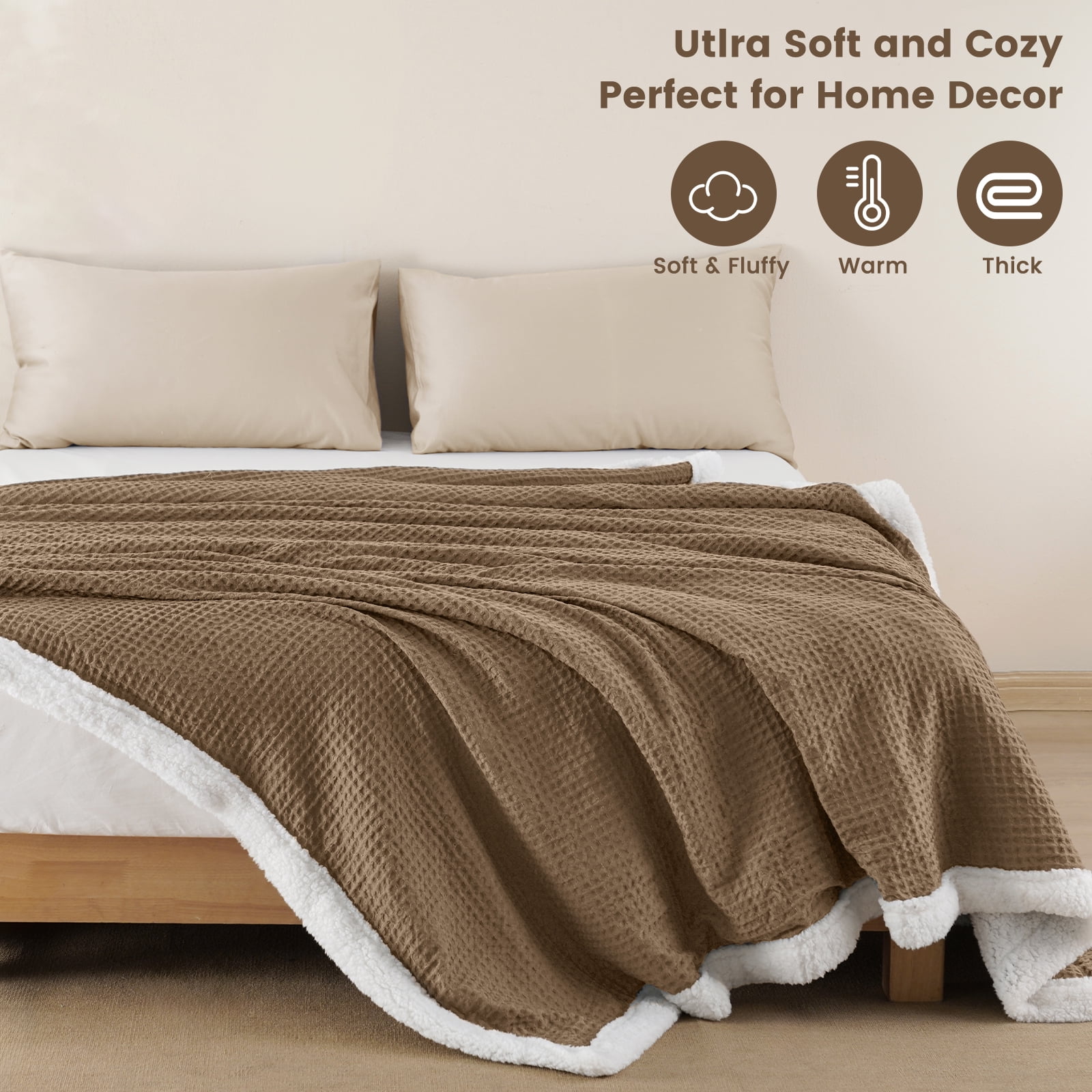 PHF Waffle Sherpa Bed Blanket King Size, Cozy Warm Reversible Plush Flannel Blanket for Winter, 104" x 90", Mocha