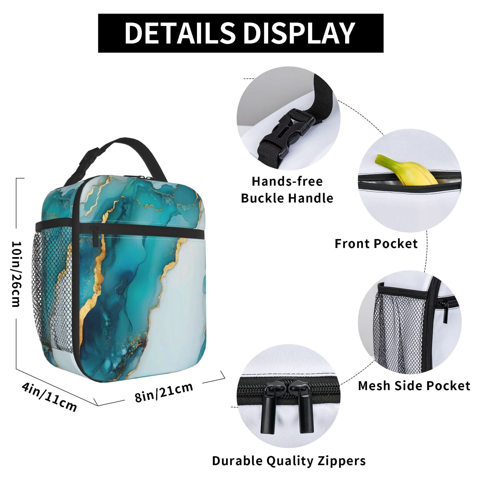 Lunch Bag For Women Men Insulated Portable Lunch Box Bento Box Office Picnic Travel Cooler Bag Skyblue And White Gold Marble