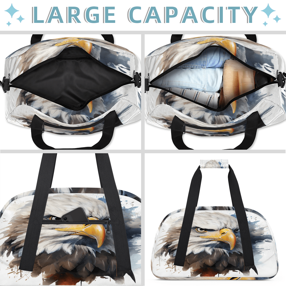 Herdesigns America Eagles Sports Duffle Bag for Women & Men, 4th of July Birds Gym Bag Dance Bag Overnight Bag Carry On Weekender Travel Bag