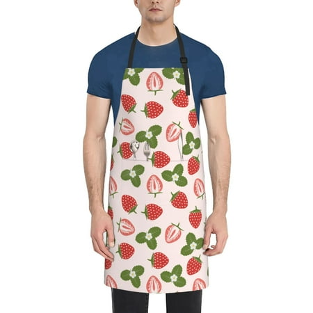

Pofeuu Strawberries And Leaf Print Waterproof Apron with Pockets Adjustable Cooking Aprons Kitchen Bib for Baking Household Cleaning