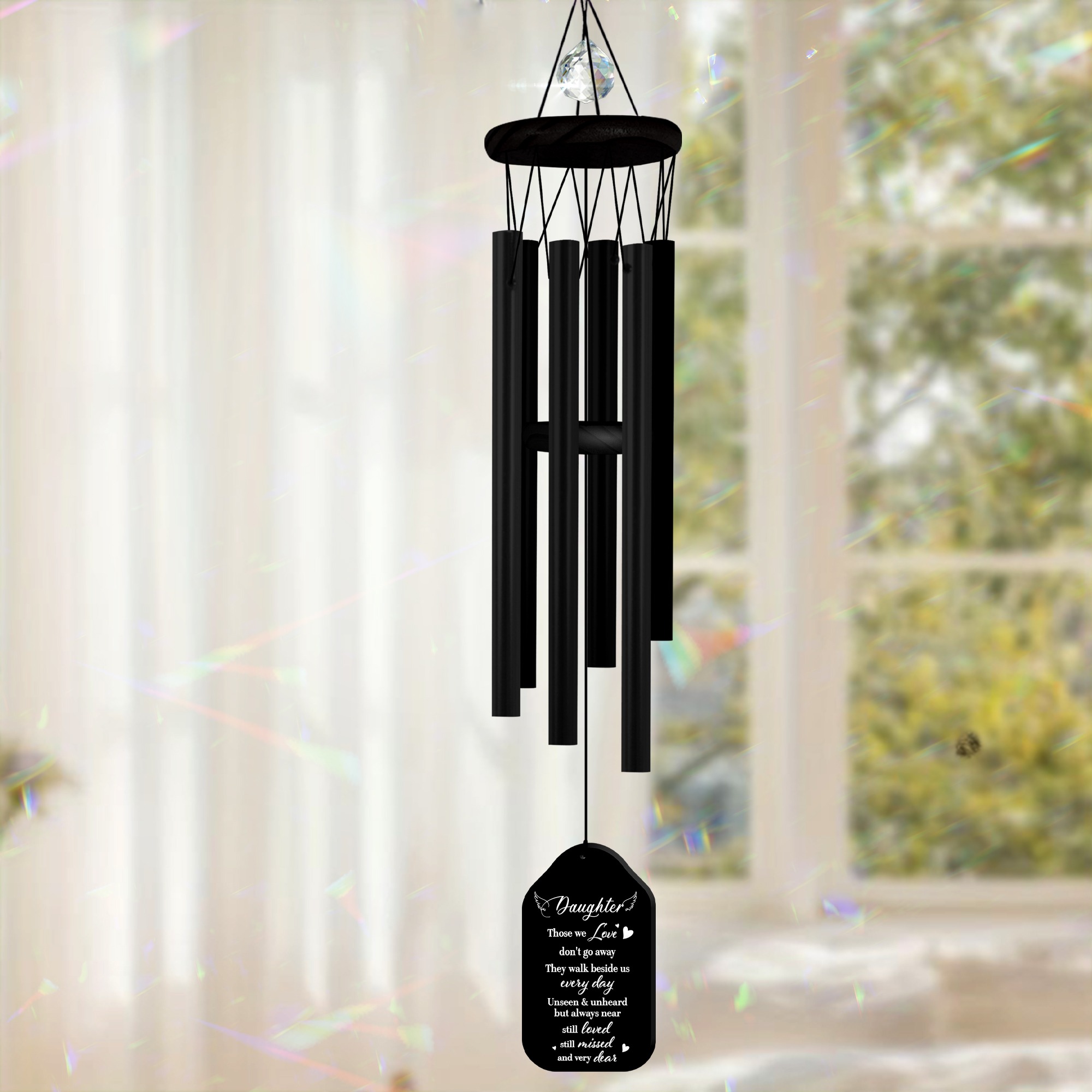 Memorial Wind Chimes Personalized for Daughter, Black Outdoor Sympathy Wind Chime with Crystal Accent, Double-Sided Engraved Design, Cardinal Tree Pattern, Includes Poem Card, Sunflower Card Gift Box