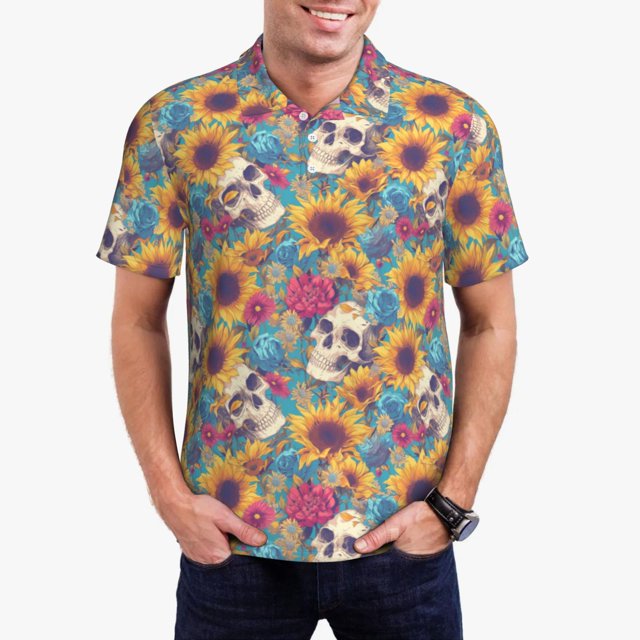 Fotbe colorful Skull sunflower Camiseta Polo de Golf para Hombre con Estampado – Camisa Deportiva Transpirable con Cuello Abotonado-3X-Large