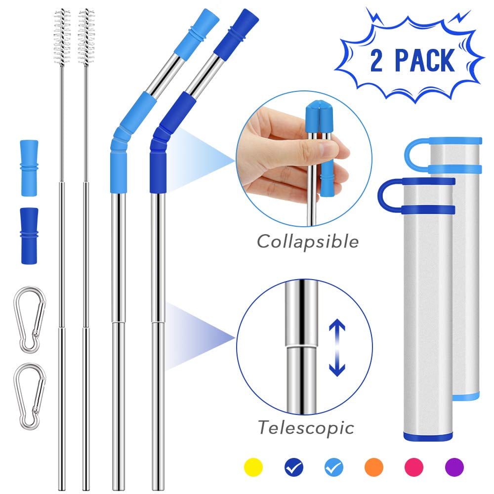 Stainless Steel Reusable Drinking Folding Straws Foldable Drinking Straws Food-Grade Portable Set with Hard Case Holder Cleaning Brush for Travel Black Household Outdoor Collapsible Straw 