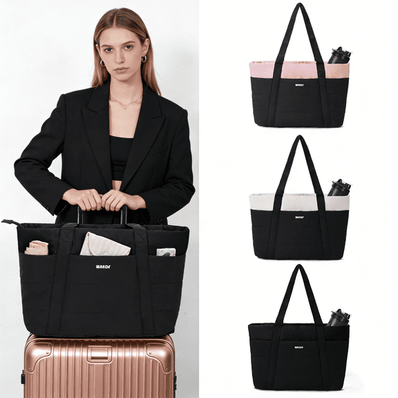 WANDF Puffy Tote Bag for Women,Shoulder Bag with Laptop Compartment Water Bottle Holder,Casual Totes for Ladies,Nurse,Doctor,Teacher,College,Lightweight Handbag for Travel,Work,Shopping(Black)