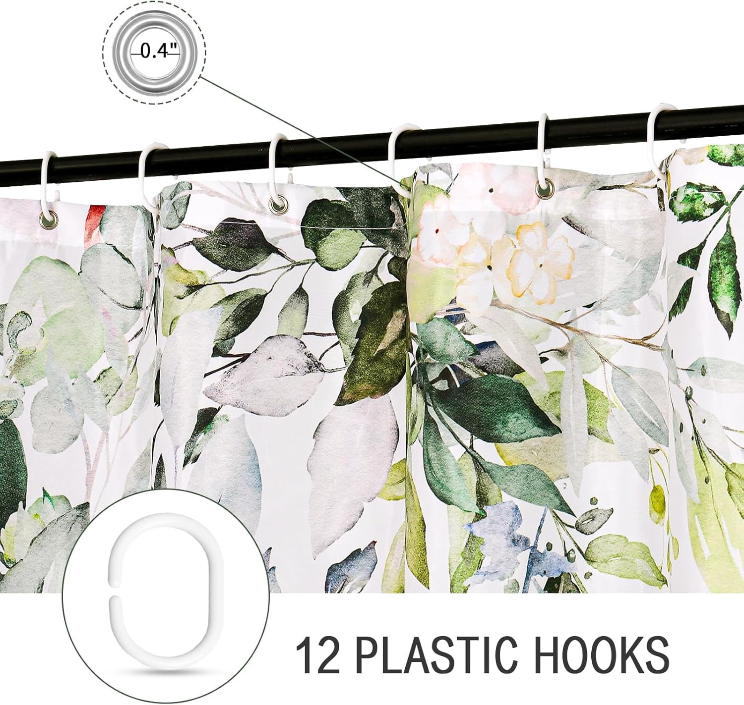 Gibelle Extra Long Shower Curtain 72 x 84, Tall Sage Green Floral Fabric Shower Curtain, Watercolor Plant Eucalyptus Leaves Bathroom Curtains Shower Set with Hooks