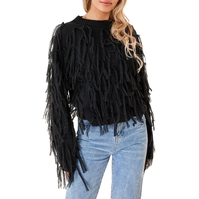 FAROOT Chandail en Tricot pour Femmes Manches Longues Col Rond à Pompons chandail-Over Uni Mode Urbaine