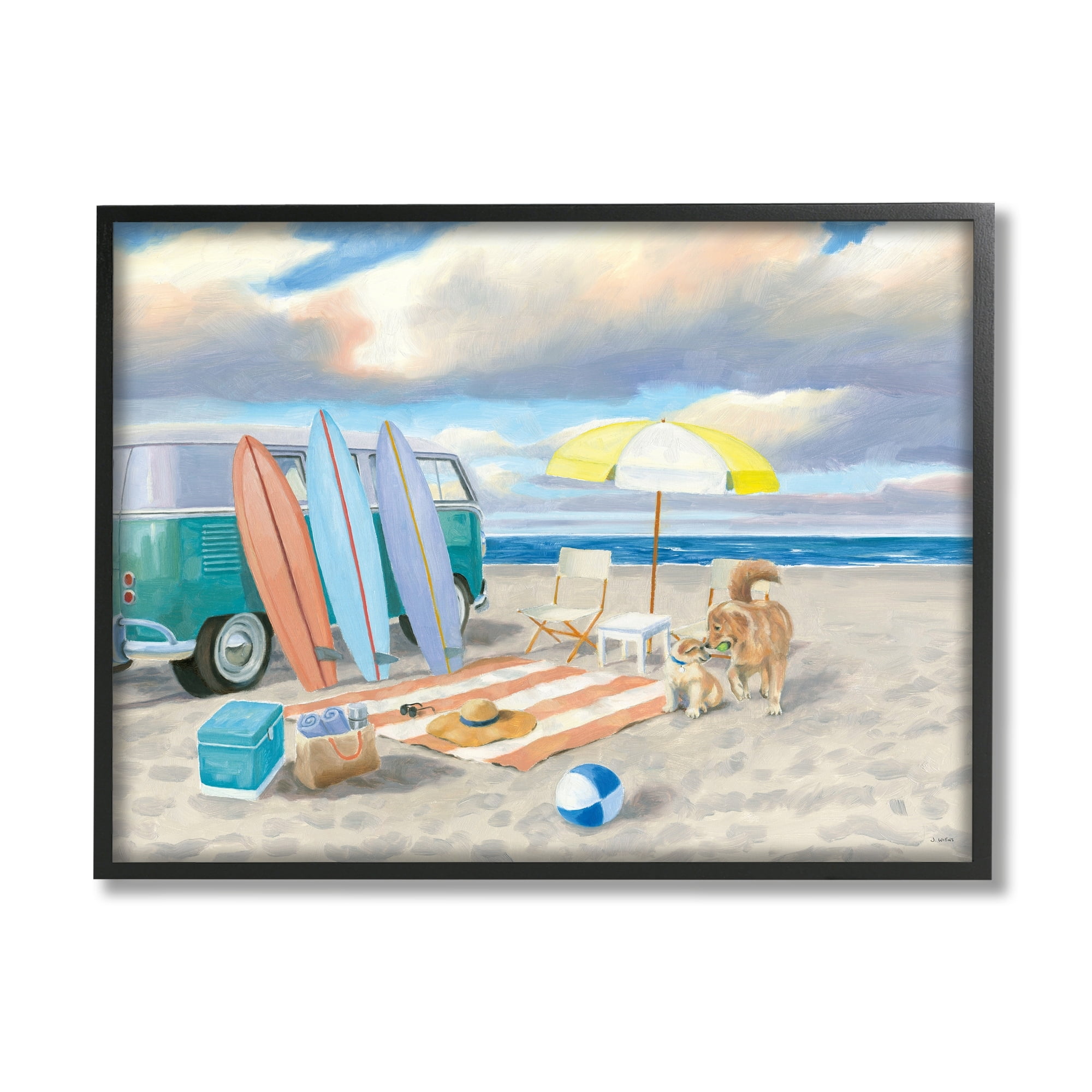 Stupell Industries Summer Beach Scene Retro Van Surfboards Dogs Playing, 30 x 24, Design by James Wiens