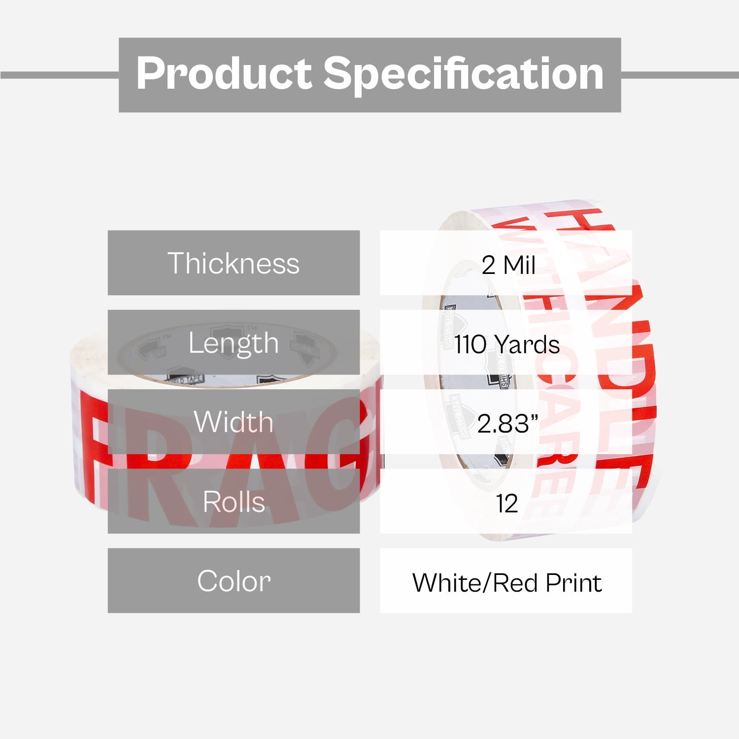 MMBM 2.83 Inch x 110 Yards Fragile Marking Packing Tape Handle w/ Care 2 Mil 12 Rolls