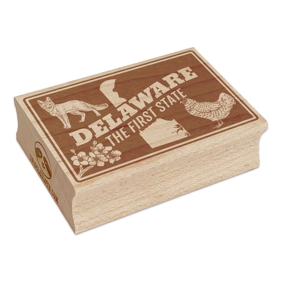 Delaware First Peach Blossom Grey Fox Blue Hen United States Rectangle Rubber Stamp Stamping Scrapbooking Crafting - Small 1.7in