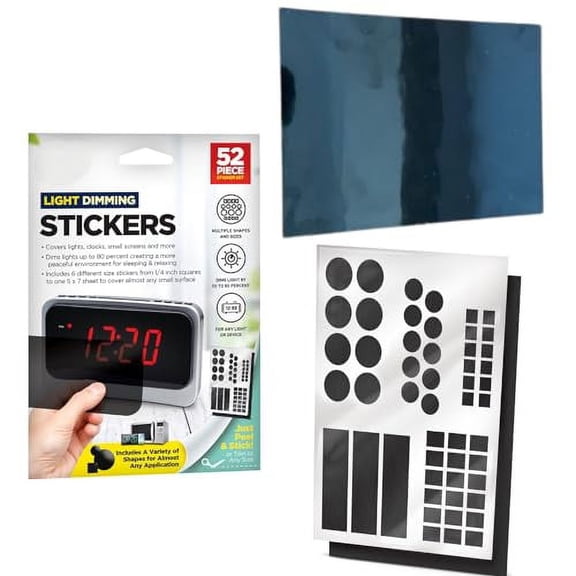 52 Piece LED Light Dimming Stickers, Black Stickers Set - Light Blocking Stickers - Dim Lights by 50-80% for Peaceful Sleep, 6 Different Sizes, Peel & Stick For LED Alarm Clocks, TV Boxes, Electronics