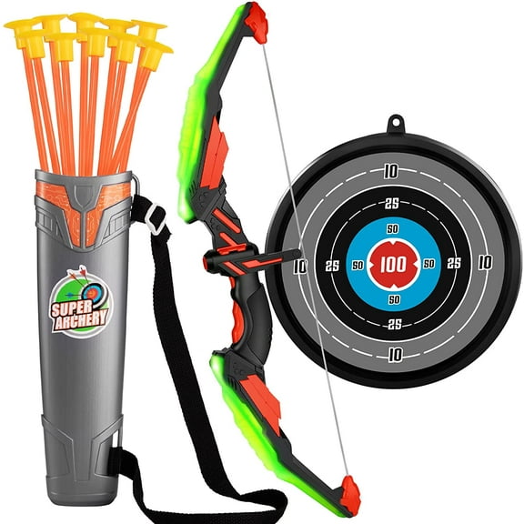 Kiddopark Kids Bow and Arrow Set - LED Light up Archery Toy Set with 10 Suction Cup Arrows, Target & Quiver, Indoor and Outdoor Toys for Children Boys Girls ,Gift Eligible