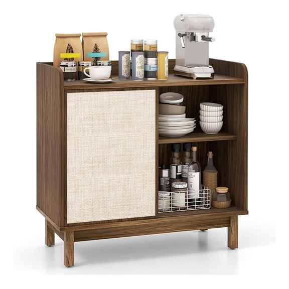 Rattan Buffet Cabinet, Century Floor Storage Cabinet with Sliding Door & Adjustable Shelves, Kitchen Sideboard Cupboard for Living Room, Entryway, Walnut (1)