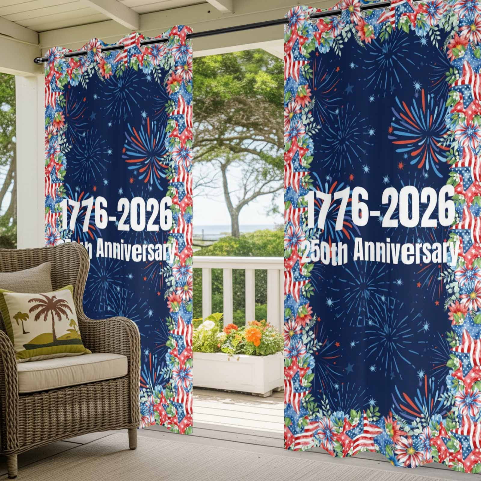 Independence Day Outdoor Curtains for Patio, 250th Anniversary Blue Red Sparklers Flowers Sunshade Privacy Drapes Grommet Waterproof Outside Curtains for Porch/Cabana/Balcony 54"x 108", 1 Panel