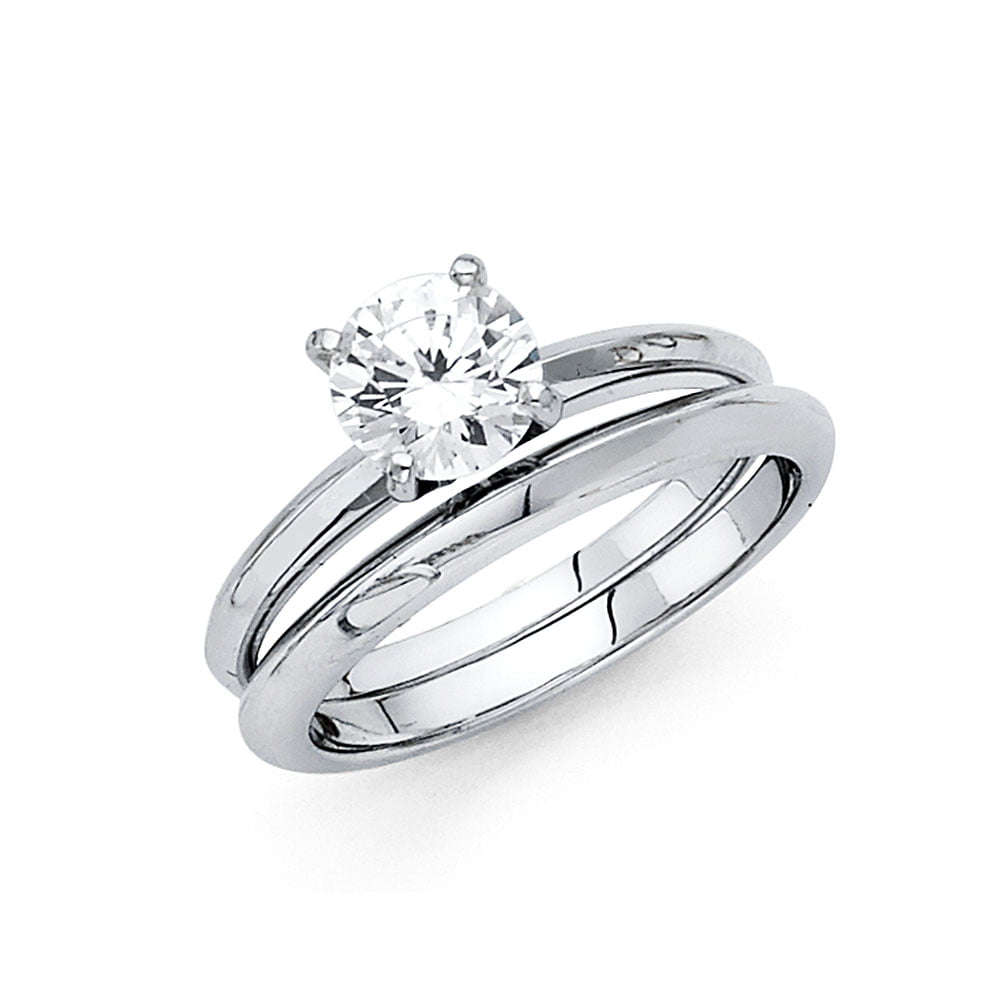 Solid K White Gold Round Cubic Zirconia Cz Solitaire Wedding Band And Engagement Bridal Ring