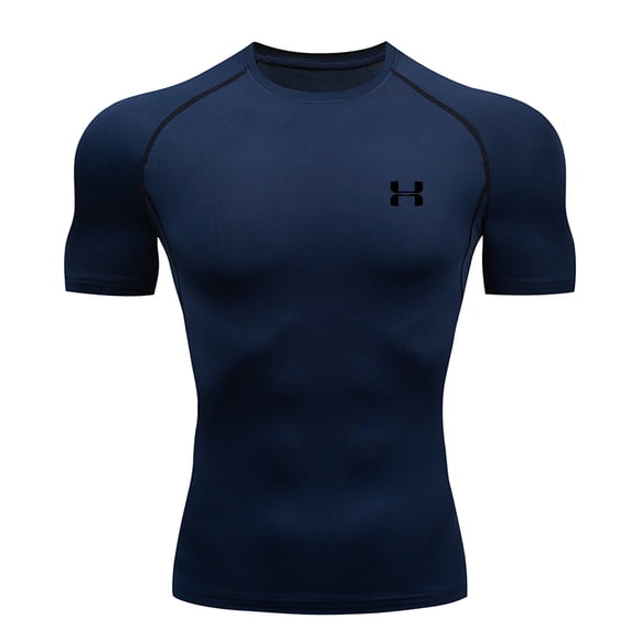 Men Running Compression T-shirt Short Sleeve Sport Tees Gym Fitness Sweatshirt Male Jogging Tracksuit Homme Athletic Shirt Tops Navy L Fit ( 61-70 Kg )