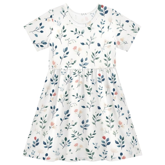 joogoo Leaf Pattern Girls' Short Sleeve Dress Kids Dresses 5-6T