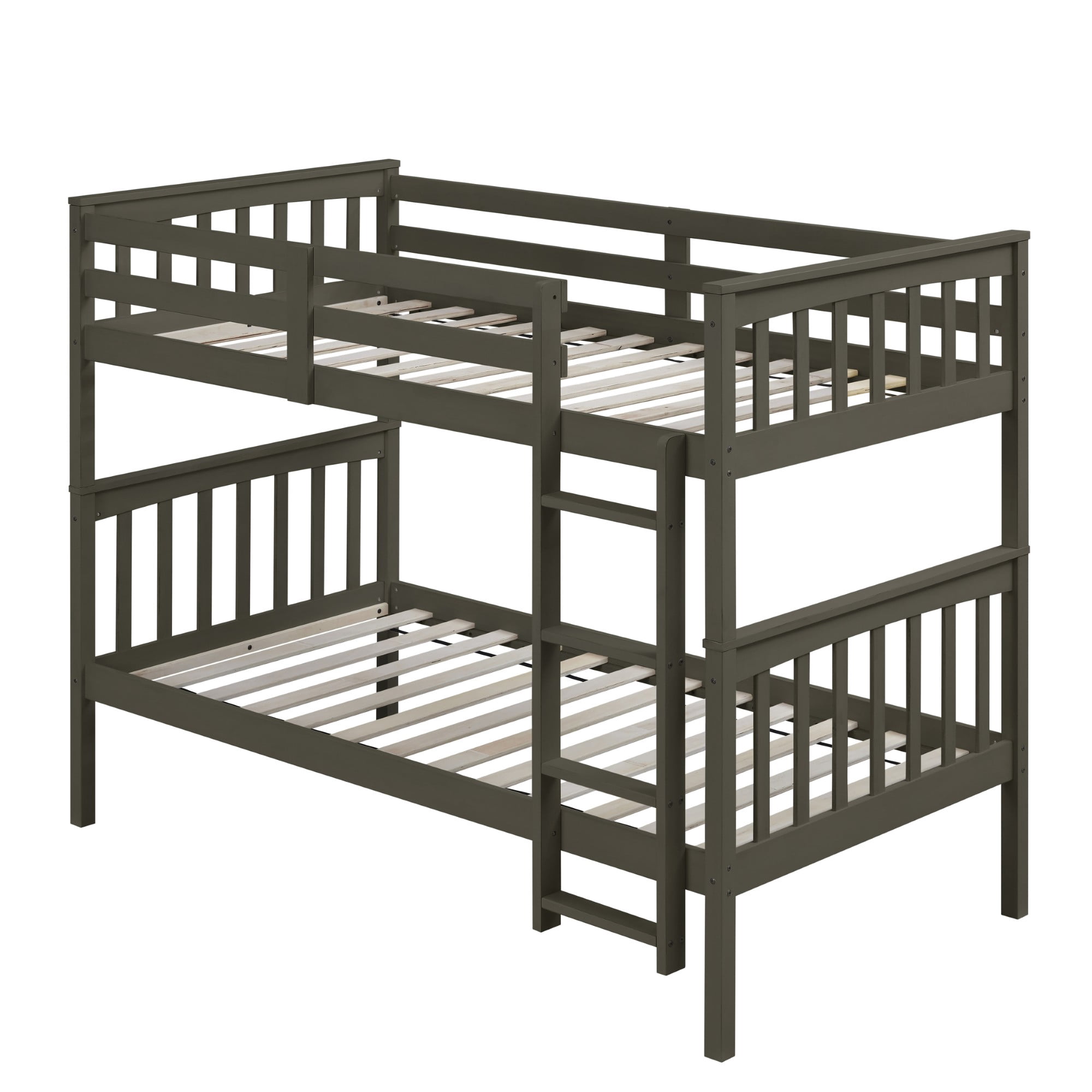 Home Design Ames Twin Over Twin Solid Wood Bunk Bed Frame, Convertible, Sturdy Guardrails, Dark Gray, Easy Assembly