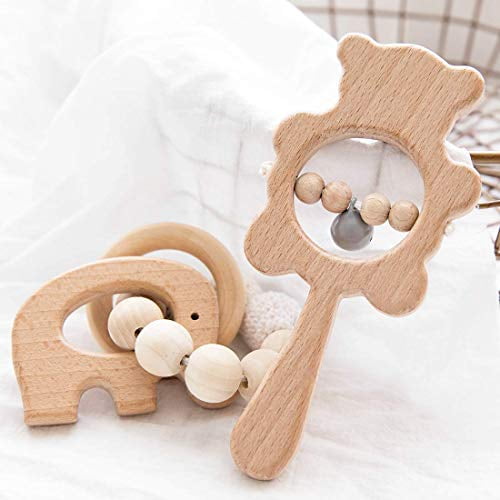 Wooden Beads Ring Natural Play Gym Chew Toys Hanging Baby Teething Toy FG 