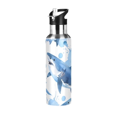 ALAZA Shark Blue Water Bottle Insulated Flask Stainless Steel Straw Lid 20 oz