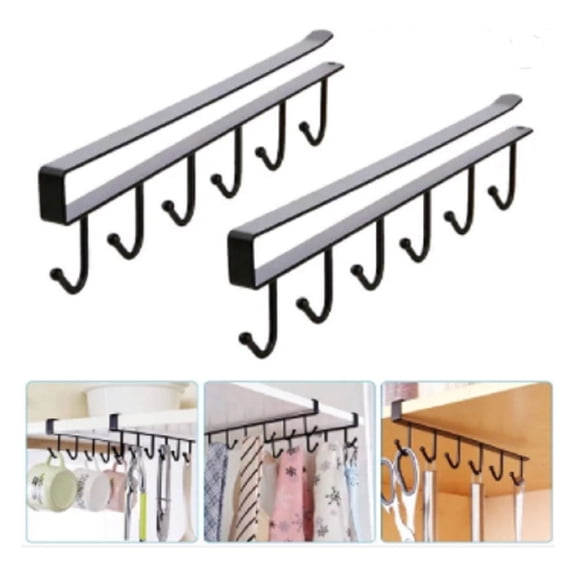 2-Pack Mug Organizer for Kitchen Cabinets – Under-Shelf Coffee Cup Rack with 6 Hooks, Holder for Cups, Keys, & Scarves by TIKA