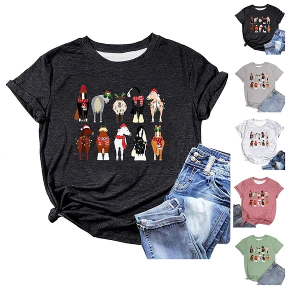 Christmas Shirts for Women Short Sleeve Crewneck Loose Casual Funny Horse Graphic T Shirts Holiday Tops