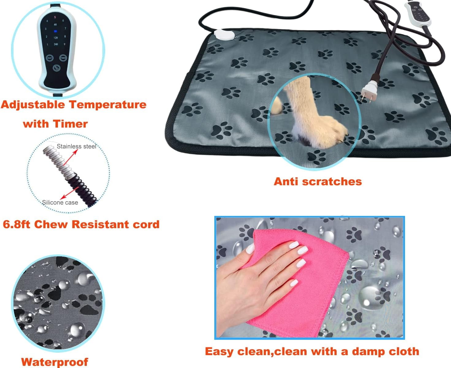 Pet Heating pad 34"x21" Large Dog cat Heating pad Heated ped beds Dogs House Heater Electric Warming pad for Puppies with Timer,Chew Resistant Cord,Easy Clean,Waterproof