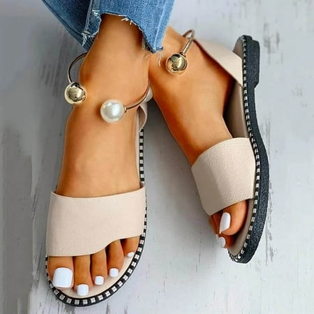 Holiday Savings Deals! Zanvin Womens Sandals Clearance Sandals Women Flat Slippers Open Toe Pearl Comfy Beach Roman Shoes Flip Flop  Beige  37