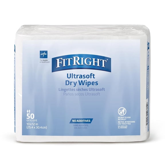 Medline UltraSoft Dry Cleansing Wipes, Fragrance Free, 10 x 12", 50 Count