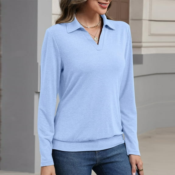 Polo Shirts for Women - Long Sleeve V Neck Cotton, Business Casual Collared Tops Loose Fit Work Blouses Fall 2025 Sky Blue M