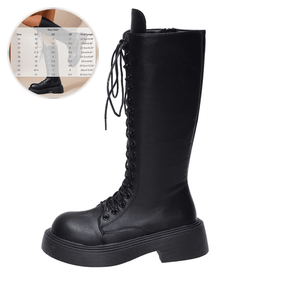 Shrysg Women's High Platform Boots Casual Round Toe Lace Up Chunky Heel Knee High Punk Goth Boots with Side Zipper Black