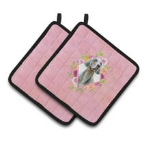 Weimaraner Pink Flowers Pair of Pot Holders