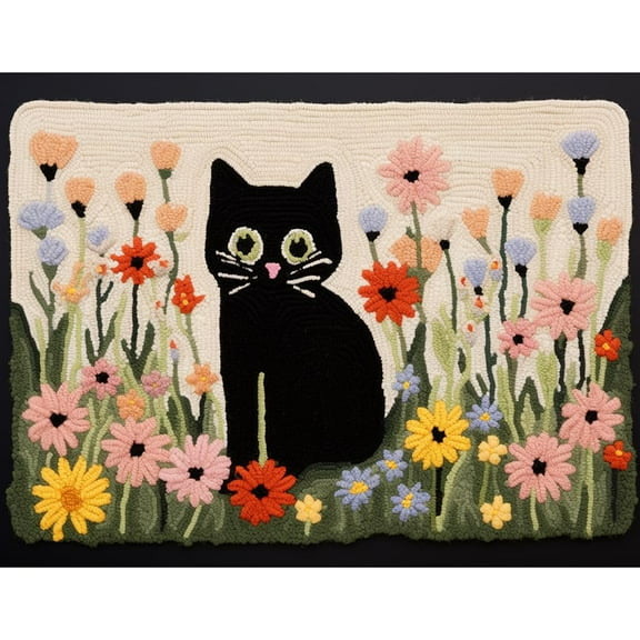 Black Cat Flowers Latch Hook Rectangle Rug Kits for Adults Needle Crochet Yarn Embroidery Carpet Hook and Latch Kit Floor Mat Tapestry Christmas Home Decoration 52x38cm(3)