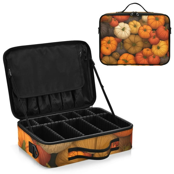 Large Travel Artist Makeup Bag With Adjustable Dividers &12 Brush Slots Portable Cosmetic Organizer Pattern Of Pumpkins