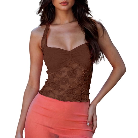 CUSTG Women Tank Top Fashion Versatile V Neck Slim Fit Cropped Camisole Sexy Lace See Through Backless Sheer Mesh Vest Top For Ladies Daily Wear And Layering,Brown,L