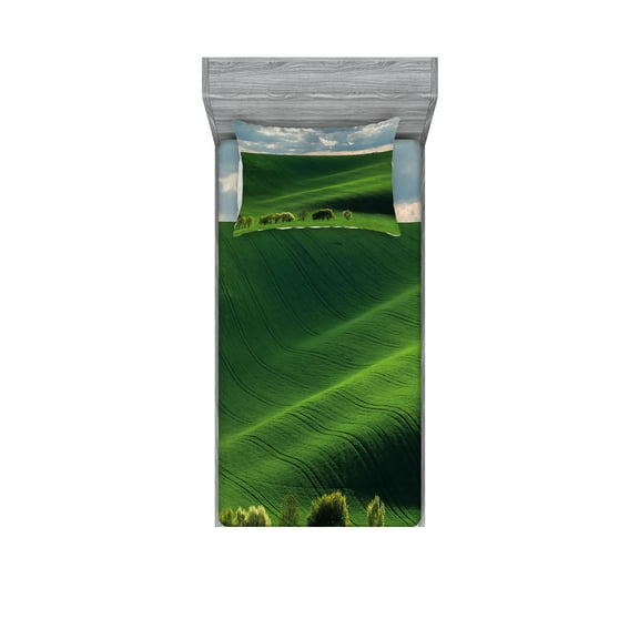 Ambesonne Nature Fitted Sheet & Pillow Sham Set, Cloudy Meadow Hills, Twin, Green