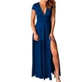 thumbnail image 3 of Riforla Women's Deep V Neck Short Sleeve Long Dresses Pleated High Waist Slit Club Party Evening Maxi Dress Midi Dress with Slit Blue M, 3 of 8