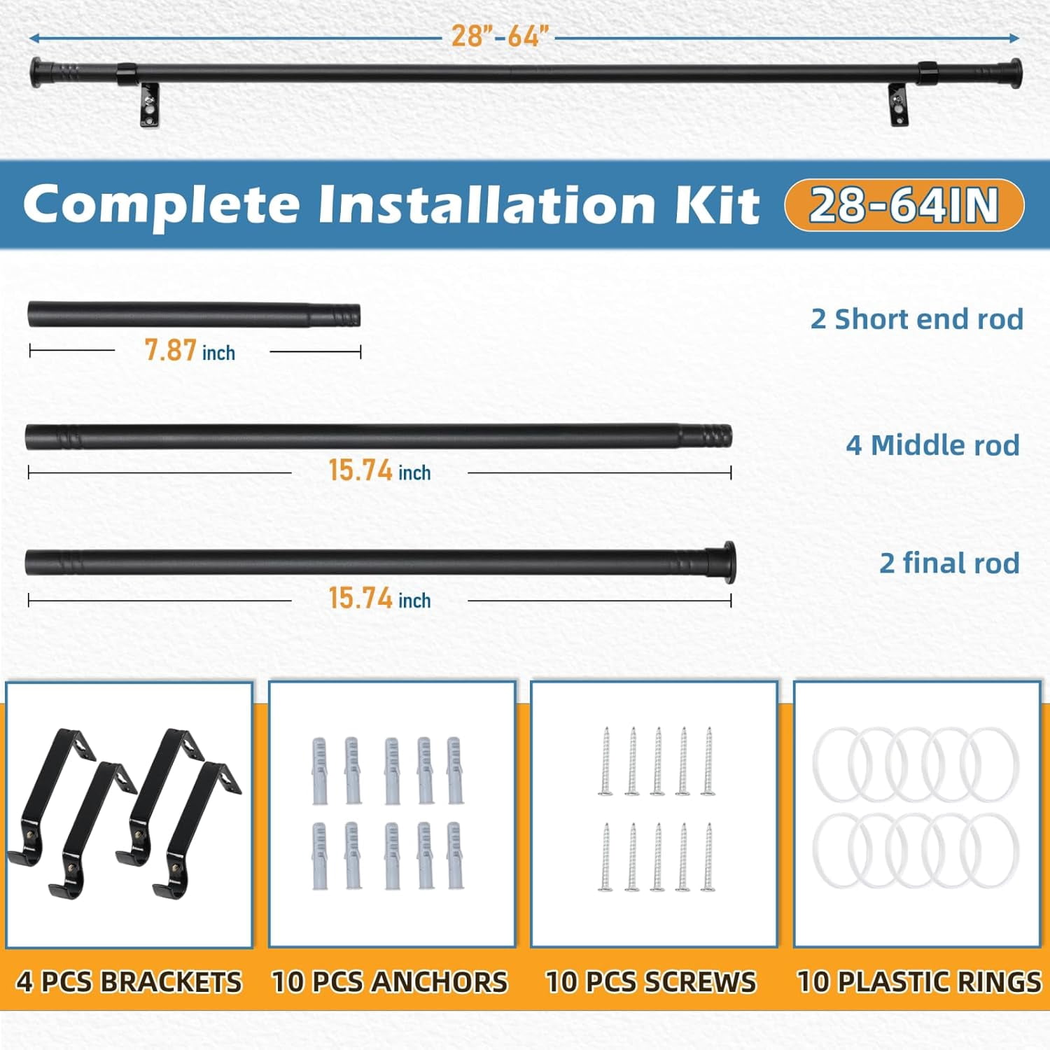 2 Pack Curtain Rods for Windows 28 to 64 Inch, 5/8 Inch Small Cafe Window Curtain Rods with Brackets in Matte Black,Adjustable Sectional Design for Lightweight Curtains in Bedroom,Kitchen,RV,Bathroom