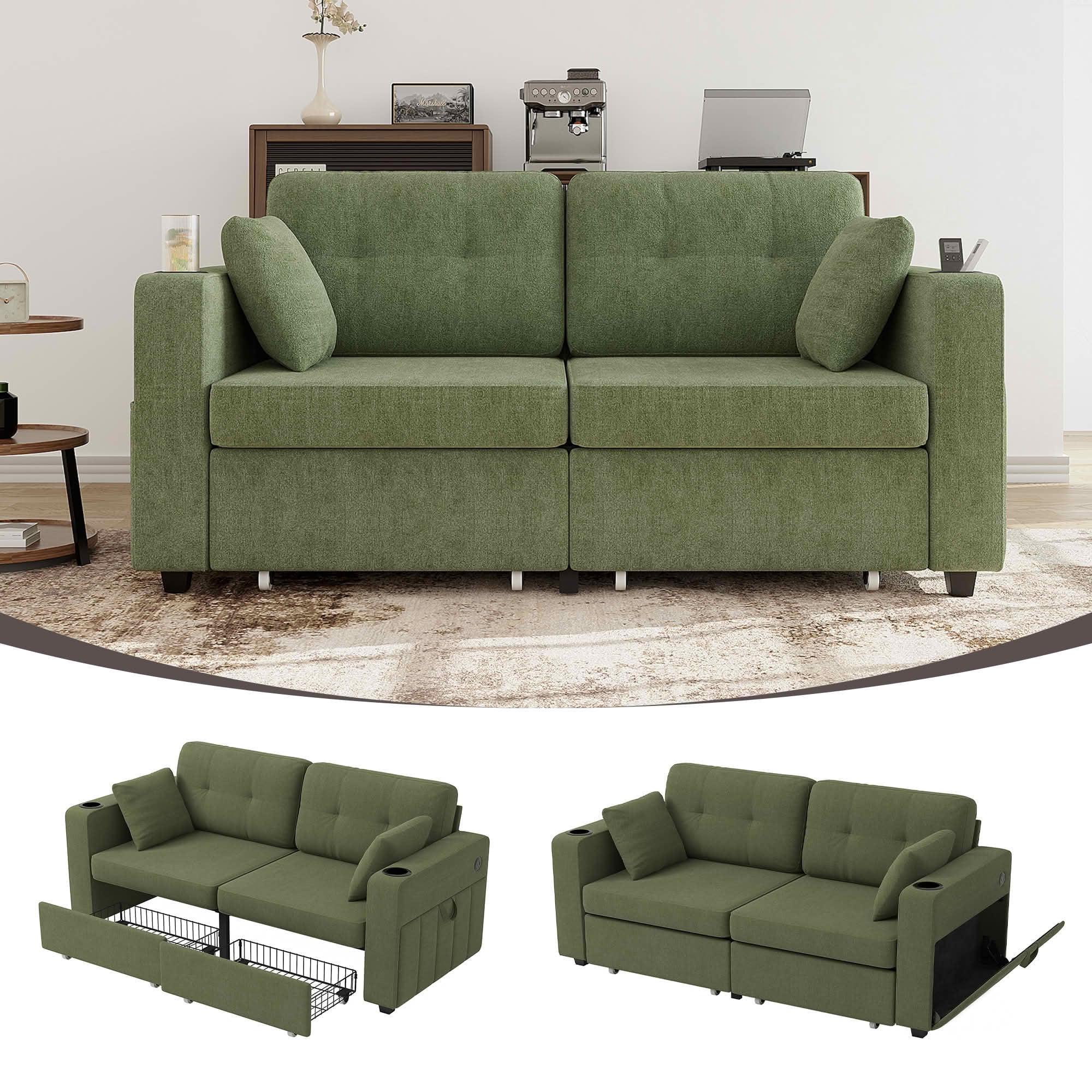 MAYEERTY Modern 3-Seat Chenille Sofa, Wood Frame Sectional Couch with USB Charging, Cup Holder & Storage Function for Home Small Space Living Room
