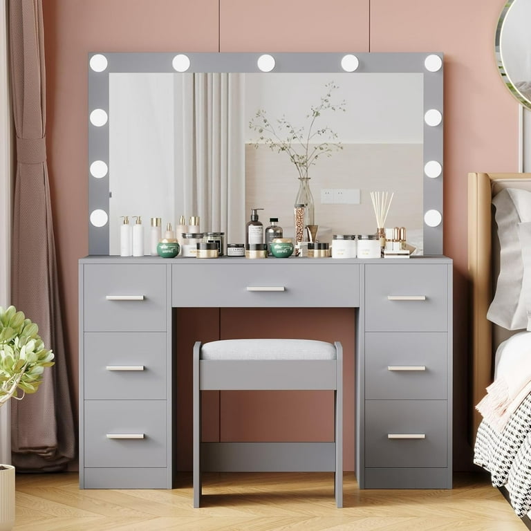 Irontar Vanity Desk with Stool, Makeup Table with Lighted Mirror, 3 Color  Lighting Modes, Brightness Adjustable, Dressing Table with Drawers, Bedroom