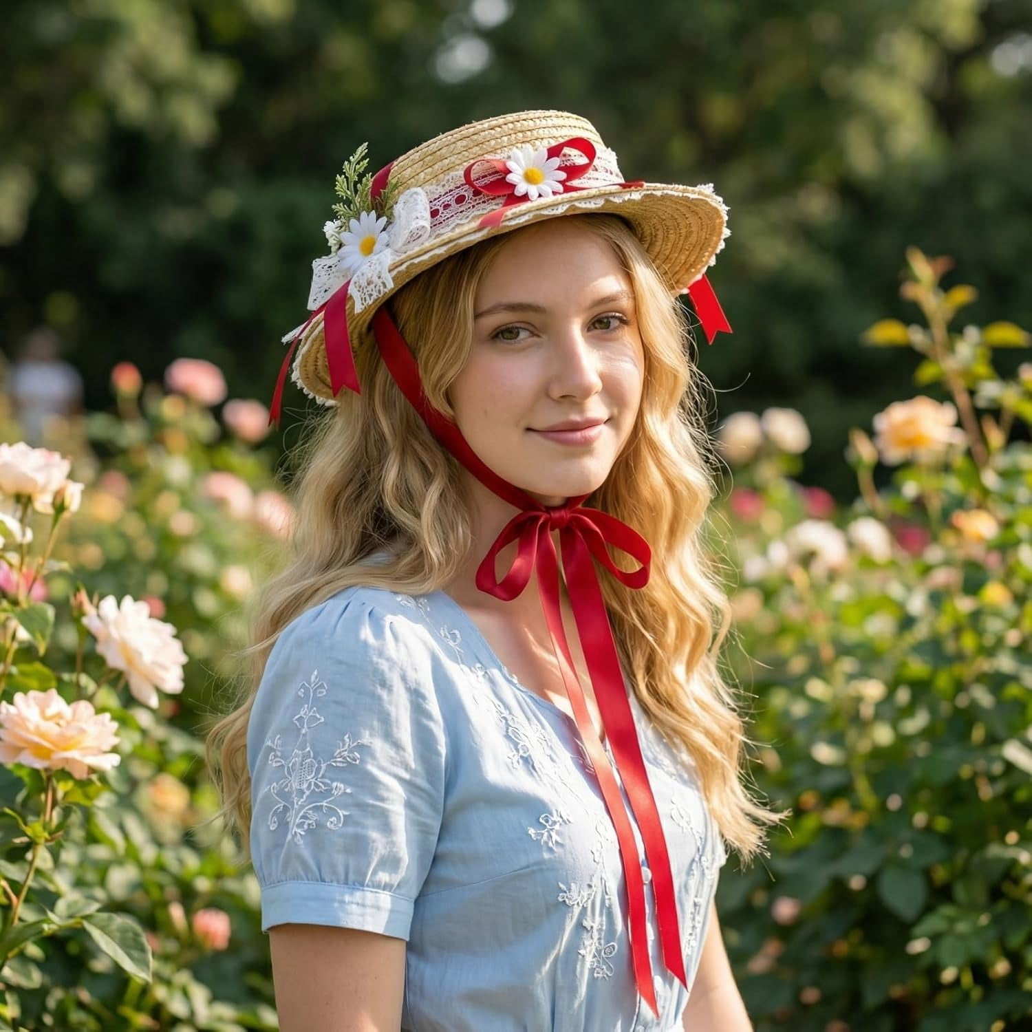 Kukuzhu Girls Women Victorian Tea Party Sun Hat, Lolita Lace Ribbons Straw Flat Hat Wide Brim Flower Bonnet Cap