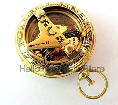 Hello Nauticals Store Handmade 2 Push Button Sundial Compass Fully Working Brass Sundial Compass 