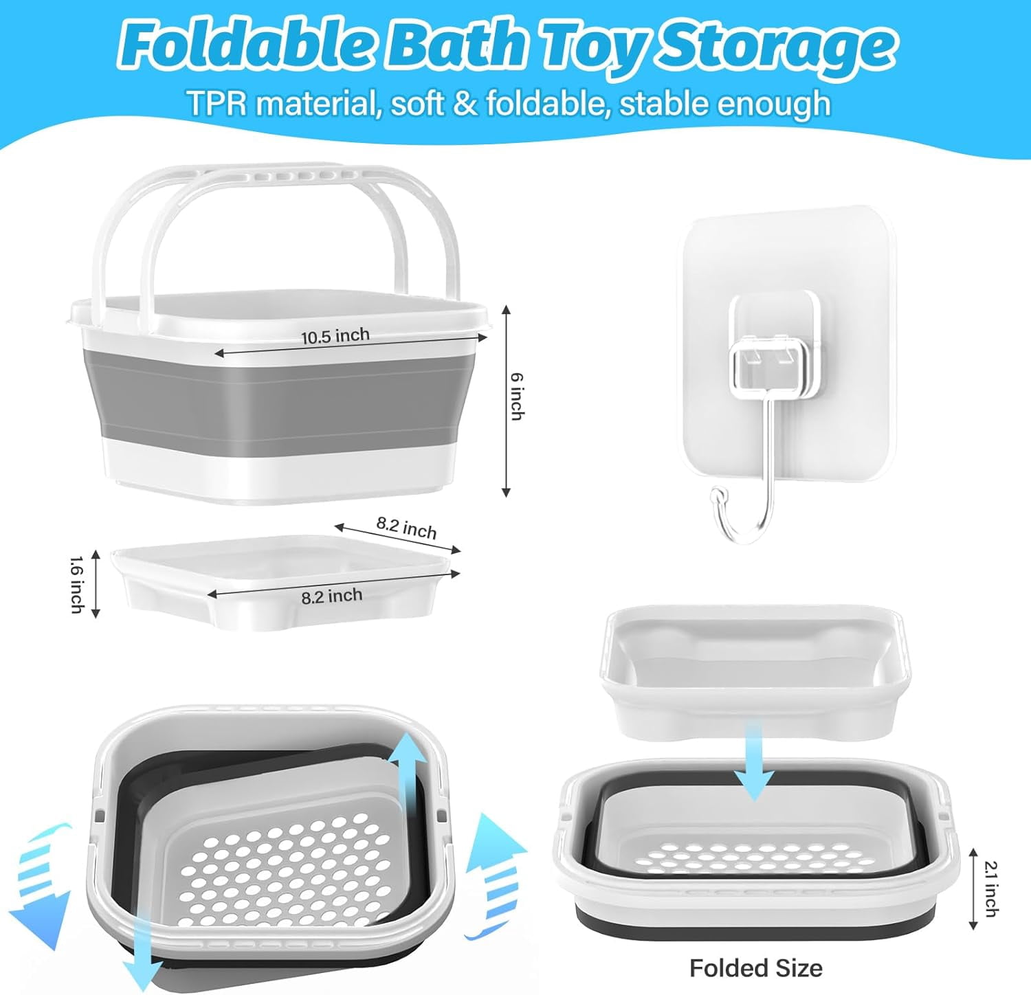 LC-dolida Bath Toy Storage Organizer, Foldable Bathtub Toy Holder Storage with Removable Base for Draining Drying, Bathroom Shower Toy Holder Baby Bath Toy Basket for Easy Storage (Gray)