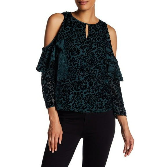 Nanette Lepore Women's Cold Shoulder Long Sleeve Velvet Top, Evergreen, Small