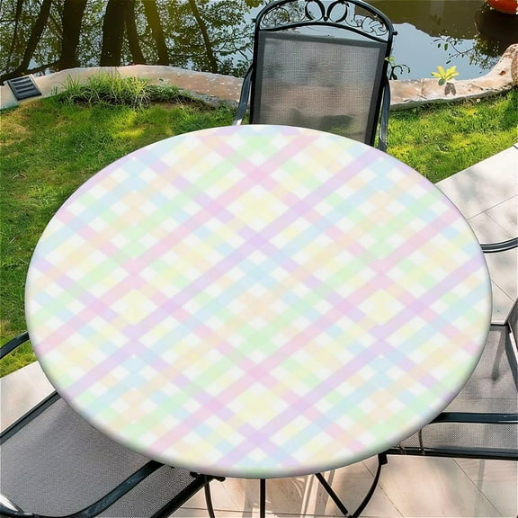 Round Fitted Tablecloth with Elastic Edge Design Table Cover Waterproof Stain-Resistant Wipeable Table Cloth Best for 46"-50" Round Tables Colorful Checkered Pattern