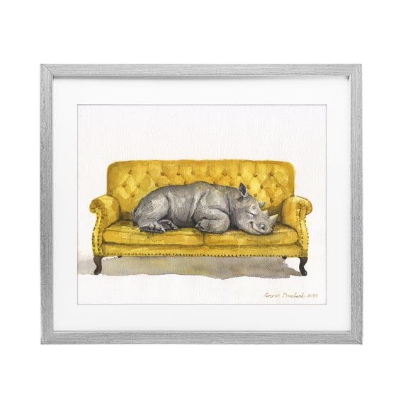 Stupell Industries Cute Rhino Resting Gray Framed Print Under Glass, design by George Dyachenko