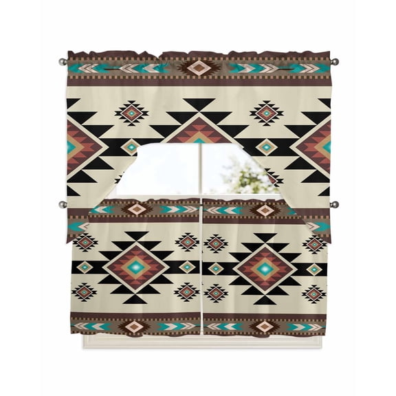 Southwest Geometric Kitchen Curtains Swag Valance and Tier Curtains Set 24 Inch Length, Brown Mexican Aztec Boho Tribal Rod Pocket Drape Panels Pair Swag Curtains for Bathroom/Cafe/Window
