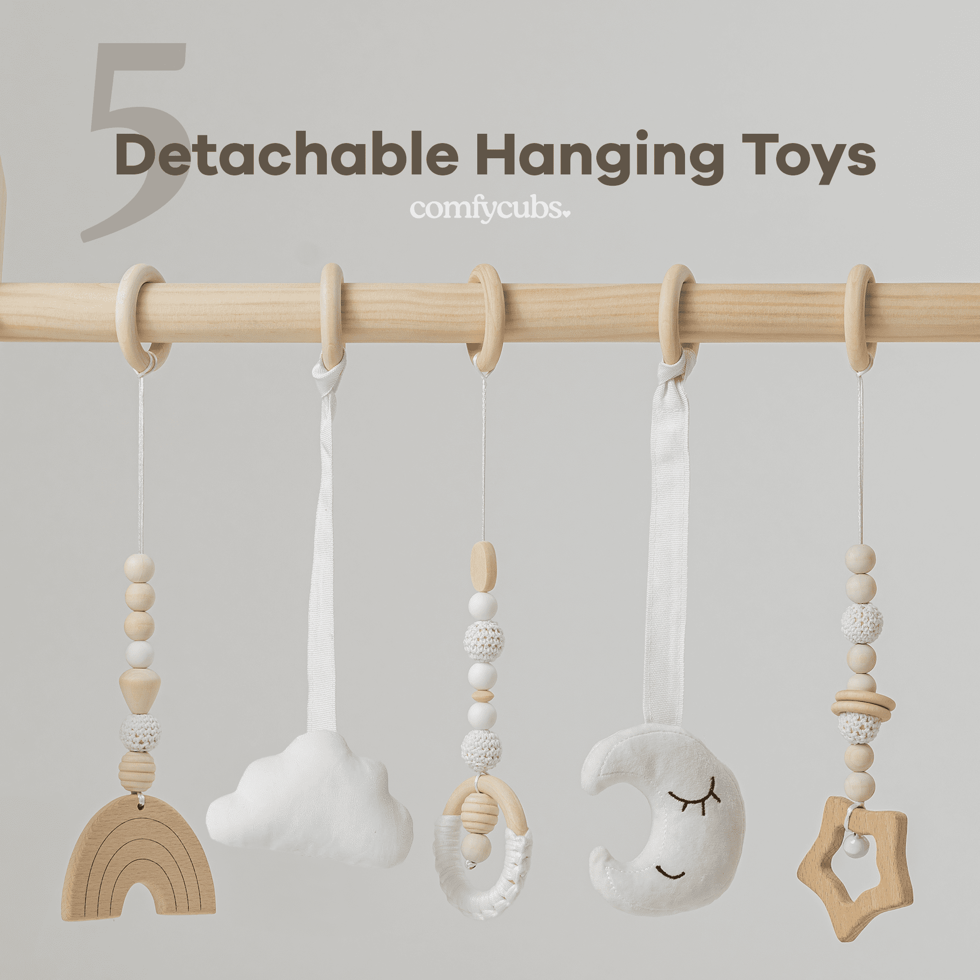 Comfy Cubs Baby Play Gym Set, Wooden Hanging Bar with Gym Toys, Foldable for Infants, Natural Wood